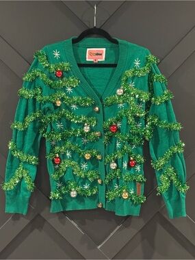 Tipsy Elves Green Tinsel & Ornament Holiday Cardigan